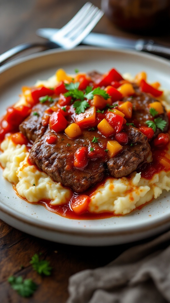 Classic CrockPot Swiss Steak Recipe for a Cozy Sunday Dinner A cozy serving of Swiss steak on mashed potatoes, topped with tomato sauce and bell peppers, garnished with parsley.